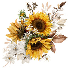 Sunflower in autumn bouquet watercolor