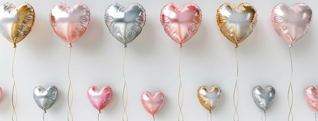 a group of heart-shaped balloons in various colors on white background, festive