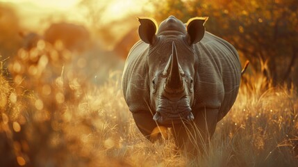 Close up portrait of a rhinoceros in the African savanna during a safari tour.