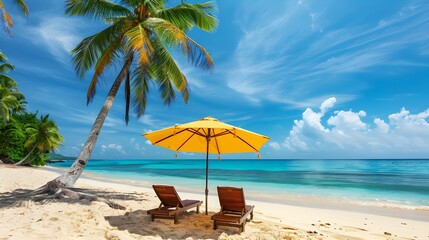 Two beach chairs under an umbrella on a sandy beach, with a turquoise ocean and palm trees in the background.
