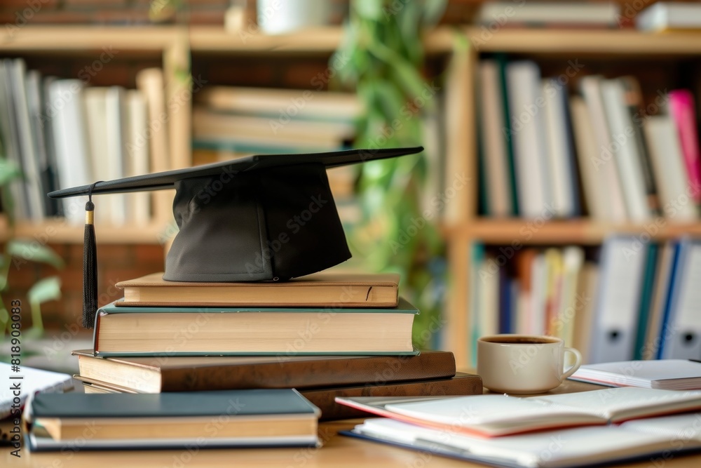 Poster a graduation cap is placed on top of a stack of various books, symbolizing academic achievement and 