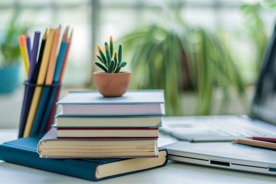A stack of books is positioned next to a laptop computer, symbolizing the concept of EdTech and online education for personal and professional development. Generative AI
