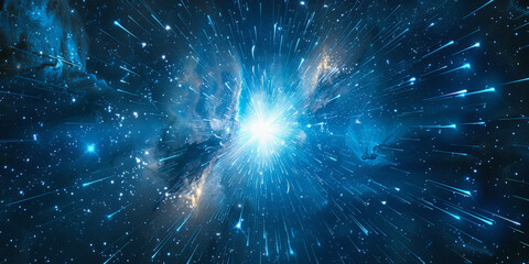 A bright star in the center of space with blue rays spreading outwards, with small particles . Speed of light in galaxy. Explosion in universe. Space background banner