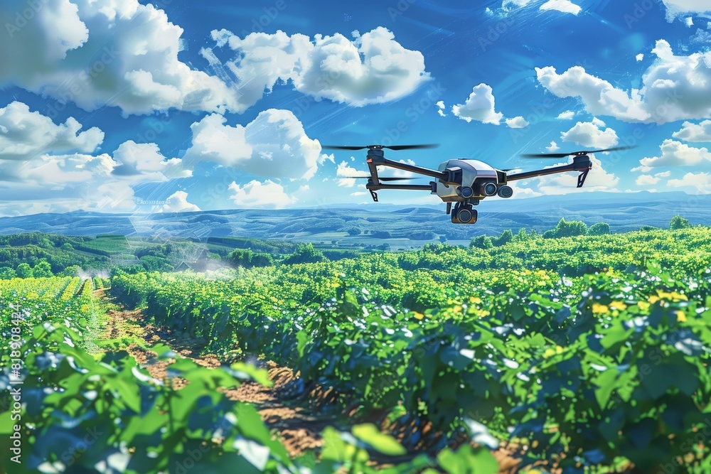 Poster isometric drone technology for lush green crop fields in efficient agricultural pest control using v