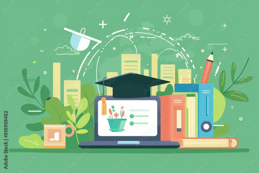 Aufkleber a laptop displaying a graduation cap on its keyboard, symbolizing online education and personal deve