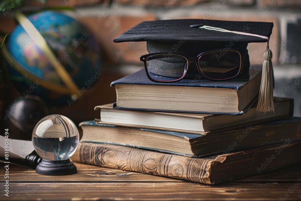 Aufkleber a stack of books with a pair of glasses placed on top of them. generative ai