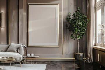 Close-up layout of poster frame in empty interior, 3d visualization, Bronze background.