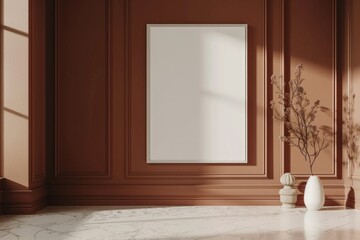 Close-up layout of poster frame in empty interior, 3d visualization, Brown background