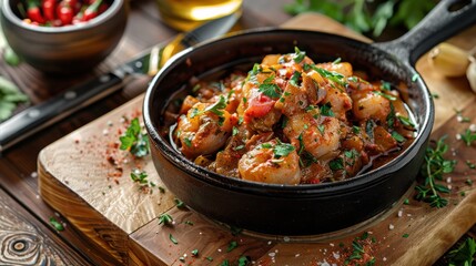 Spicy Shrimp and Sausage Stew - A flavorful spicy shrimp and sausage stew, garnished with fresh herbs, offering a delightful and hearty meal.