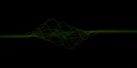 Abstract wavy dynamic blue green violet light lines curve banner on black background in concept technology, neural network, neurology, science, music, neon light