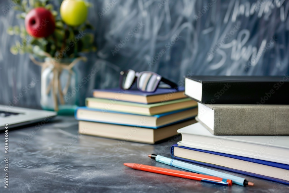 Fototapete a collection of books neatly arranged in a stack on top of a table, showcasing a variety of topics a