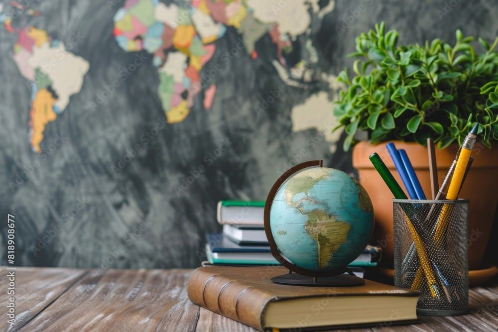 Poster a desk displaying a book, pencils, and a globe, representing education and exploration. generative a