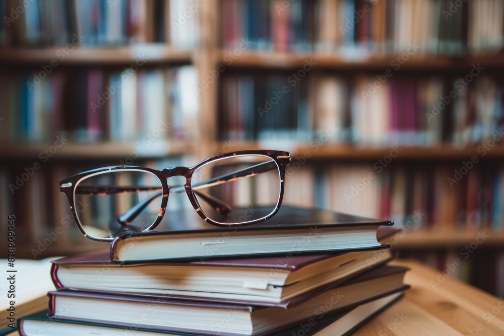Poster a collection of books neatly stacked on a wooden table, ready for reading or studying. generative ai