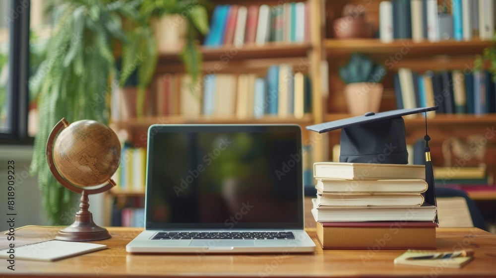 Poster A laptop computer is placed on top of a wooden desk. Generative AI
