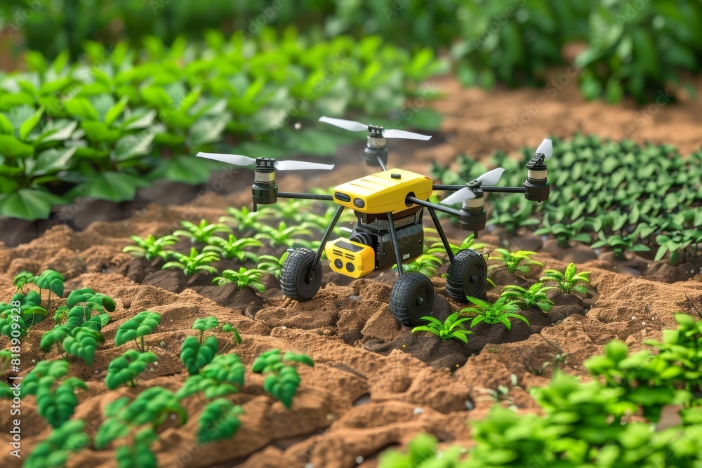 Poster isometric drone technology for lush green crop fields in efficient agricultural pest control using v