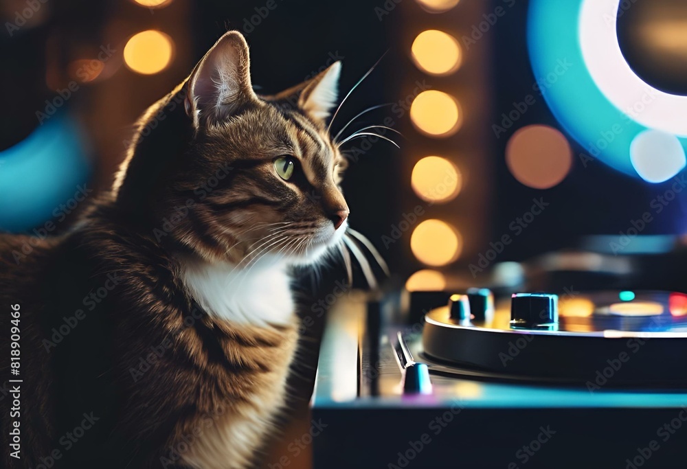 Wall mural AI generated illustration of a brown and white cat sitting beside DJ turntable