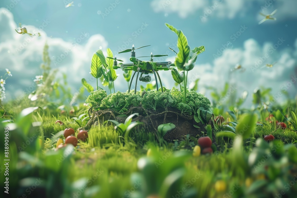 Poster modern farm technology with isometric drones for vector illustrations of lush green crop fields in e