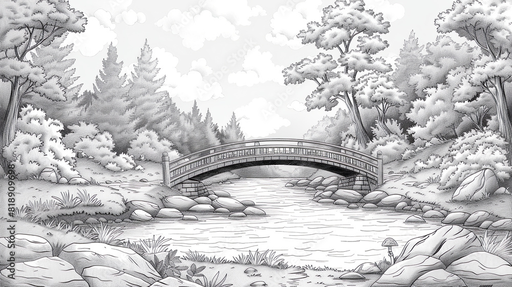 Wall mural black and white illustration of a landscape with a bridge over a river, coloring book for children