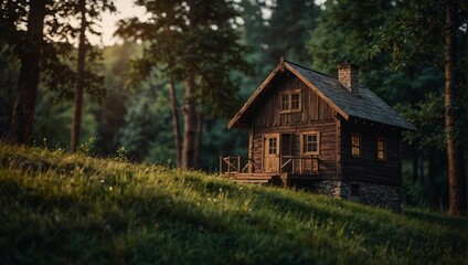 A wooden house sitting on top of a hill with trees and grass,.