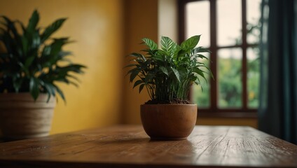 A wooden table in a room with plants and yellow walls,.