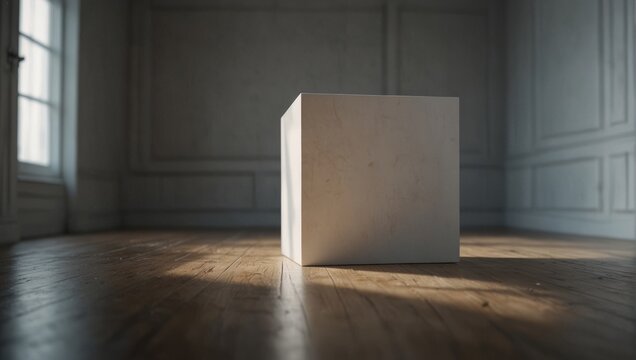 An empty white room with a white cube on the floor,.