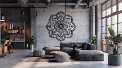 Apartment house in a modern loft style. Beautiful mandala pattern on the wall in the living room at home. Scandinavian Interior Design