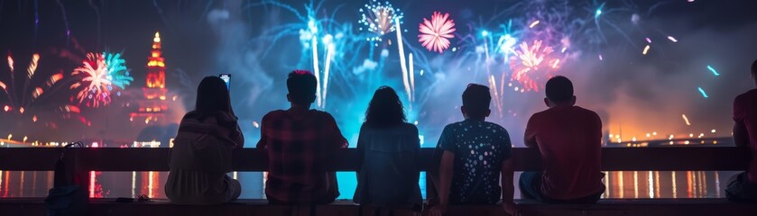 Fireworks light up the sky as a group of friends watch in awe.