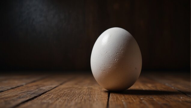 A white egg on a wooden floor in front of an empty wall,.