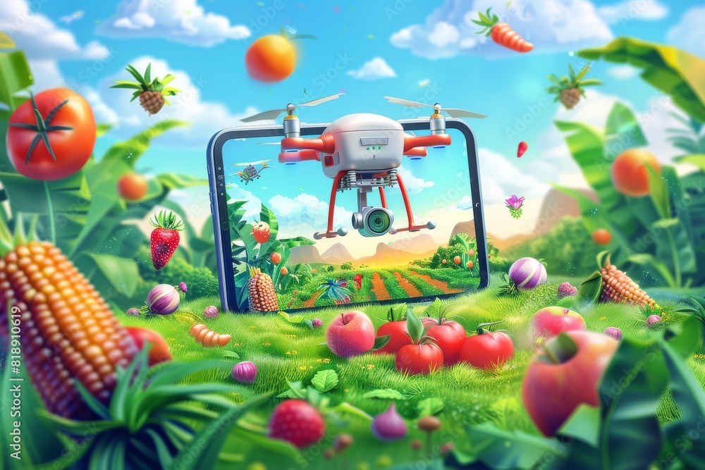 Poster isometric drone technology for lush green crop fields in efficient agricultural pest control using v