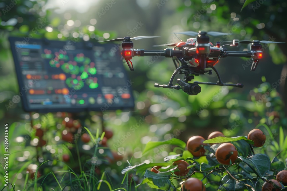Poster modern farm technology with isometric drones for vector illustrations of lush green crop fields in e