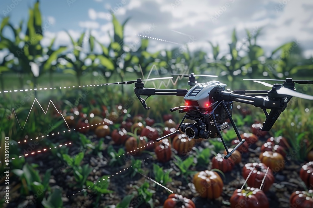 Poster isometric drone technology for lush green crop fields in efficient agricultural pest control using v