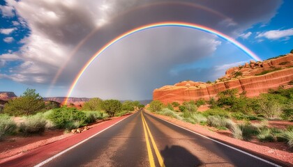 rainbow over the road going through red rocks and desert on a clear summer day