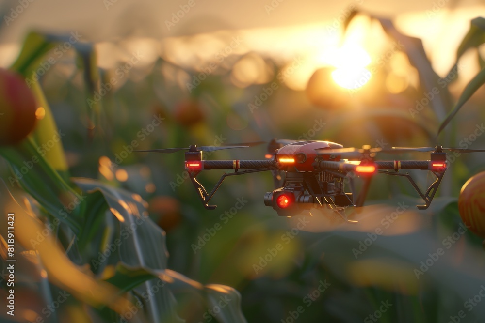 Poster modern farm technology with isometric drones for vector illustrations of lush green crop fields in e