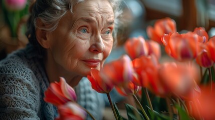 a woman gives her 65-year-old mother a bouquet of fresh tulips