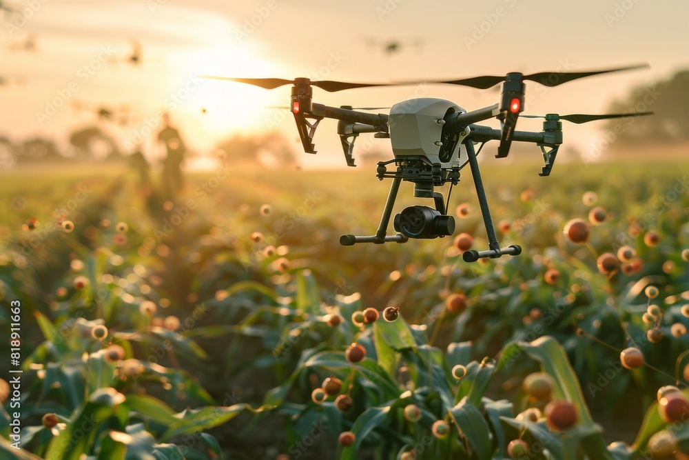 Aufkleber modern farm technology with isometric drones for vector illustrations of lush green crop fields in e