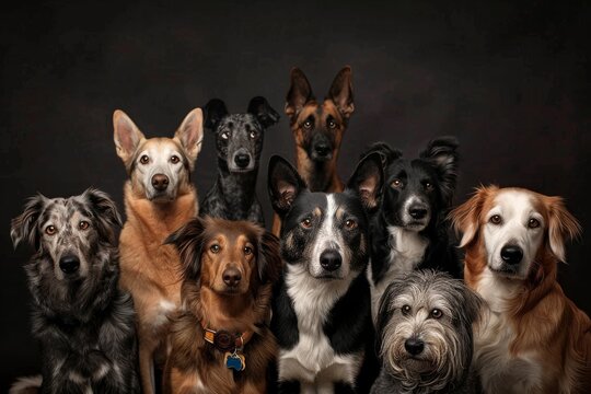 Gran grupo de perros diversos posando juntos en estudio oscuro, Retrato de familia de mascotas incluyendo Galgos y Collies, Composici&oacute;n fotogr&aacute;fica de varias razas caninas en ambiente elegante