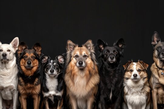 Retrato panor&aacute;mico elegante de siete perros sobre fondo negro, Fila de perros tipo pastor y mestizos posando con seriedad, Banner de alta calidad con diversidad de perros mirando al frente
