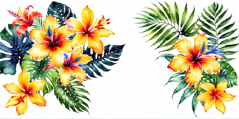 Watercolor of Tropical spring floral green leaves and flowers s isolated on white  background, bouquets greeting or wedding card decoration, with Generative Ai.