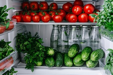 Refrigerator stocked with natural foods like vegetables and bottles of water