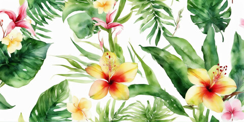 Watercolor of Tropical spring floral green leaves and flowers s isolated on white  background, bouquets greeting or wedding card decoration, with Generative Ai.