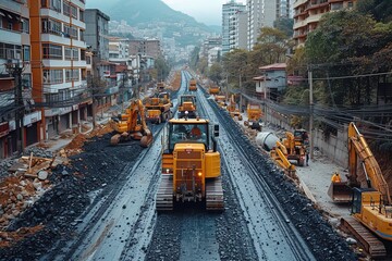 Obraz premium City Road Construction Site Workers and machinery at a city road construction site, addressing infrastructure development