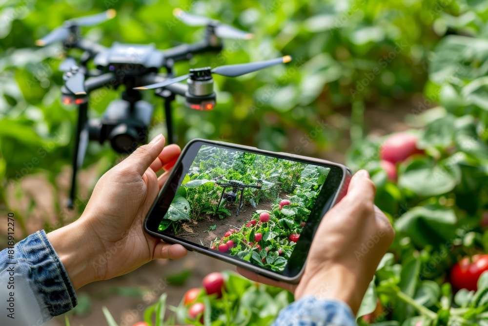 Aufkleber isometric drone technology for lush green crop fields in efficient agricultural pest control using v