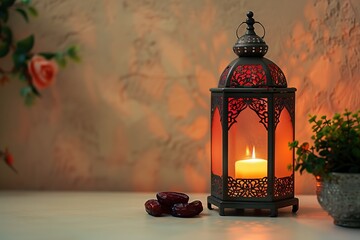 Arabic lantern with a burning candle and dates fruit on a white table against a beige wall...