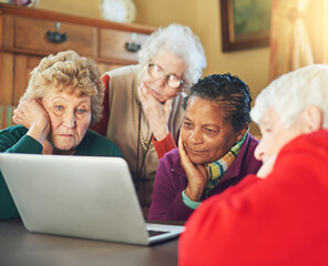Nursing home, senior people and laptop in living room for entertainment, online news and social...
