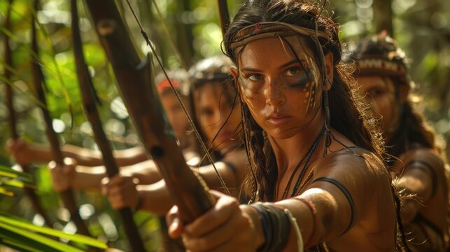 Amazonian strength - powerful female amazons captured in an evocative scene, illustrating their unparalleled combat skills and fierce independence in ancient lore.
