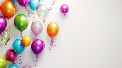 festive background, colorful balloons flying on white background, place for text, copy space