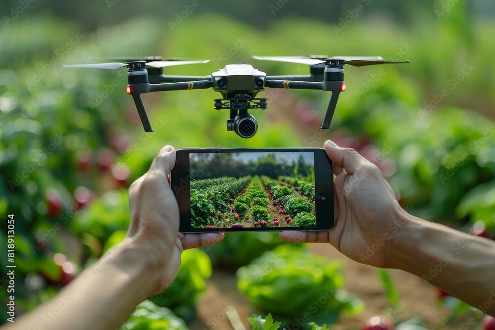Poster modern farm technology with isometric drones for vector illustrations of lush green crop fields in e