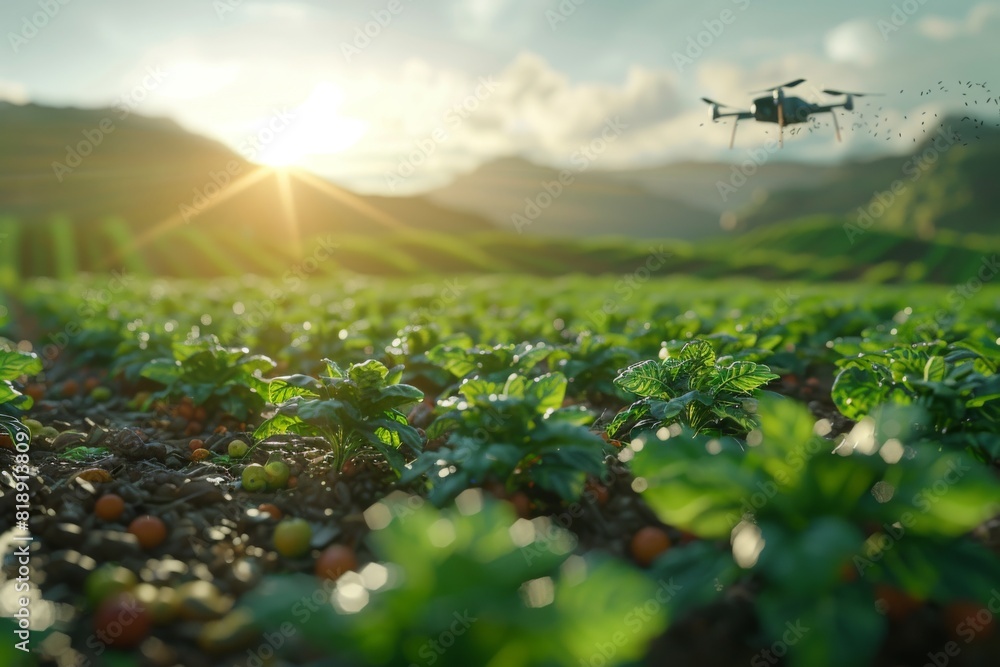 Poster modern farm technology with isometric drones for vector illustrations of lush green crop fields in e
