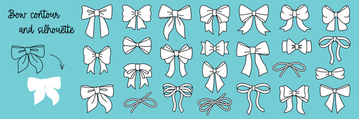 Set of simple white decorative holiday ribbon bows for gifts, to decorate hair. Bow outline and silhouette for gift wrapping for birthday, Christmas, New Year. Isolated Flat Vector EPS10