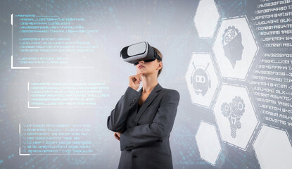 Business woman with VR goggles standing while making decision for using chat bot in business...